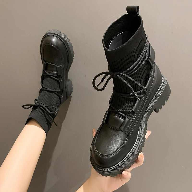 Women's Single Boots Springand Autumn New Thick Soled Leather Knit Lace-up Knight Boots Fashion Temperament Non-slip Short Shoes