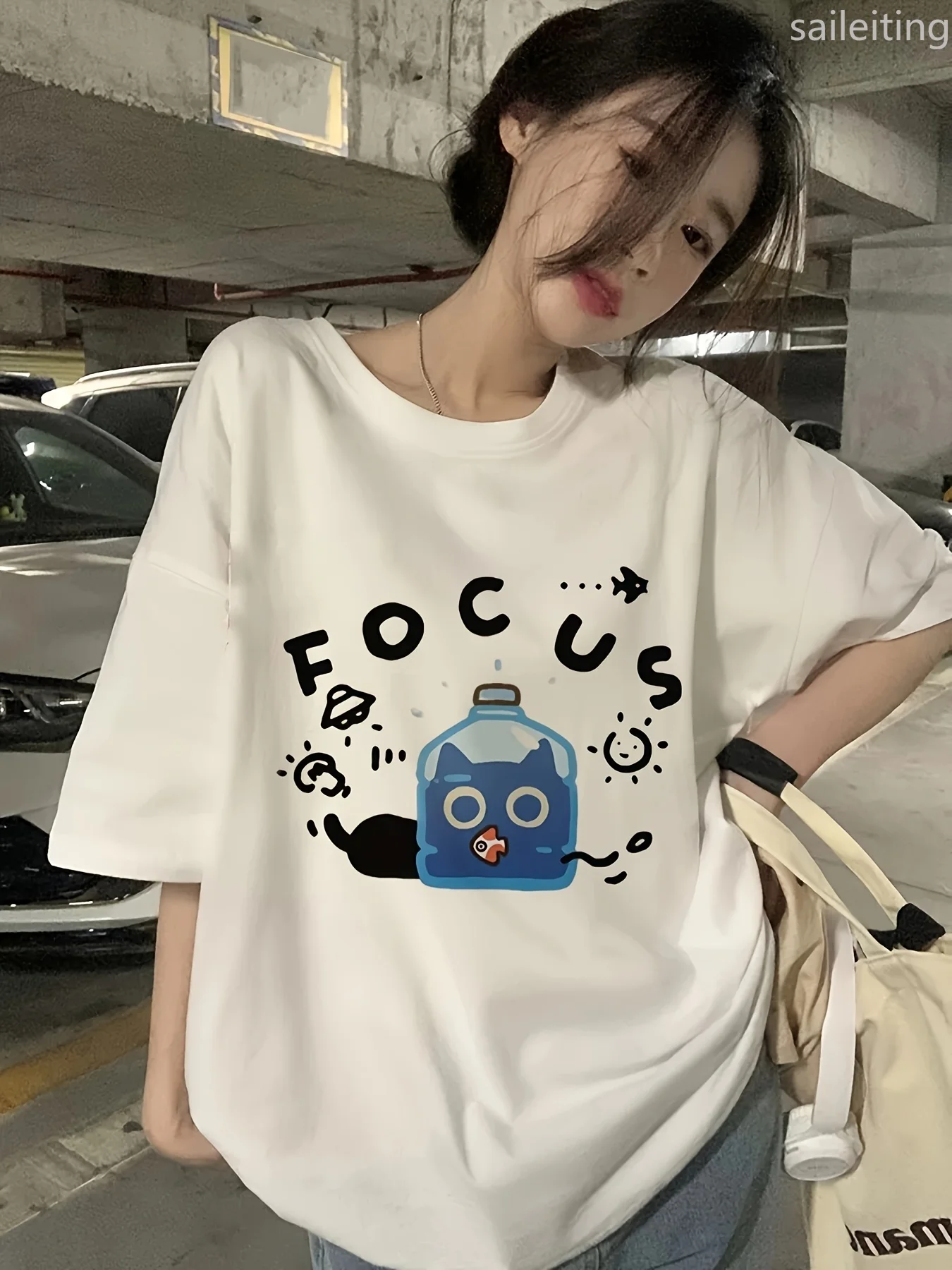 

Women's Summer Cartoon Print Short Sleeve T-Shirt Playful Blue Bottle Graphic with Stars Doodles Lightweight Round Neck Casual
