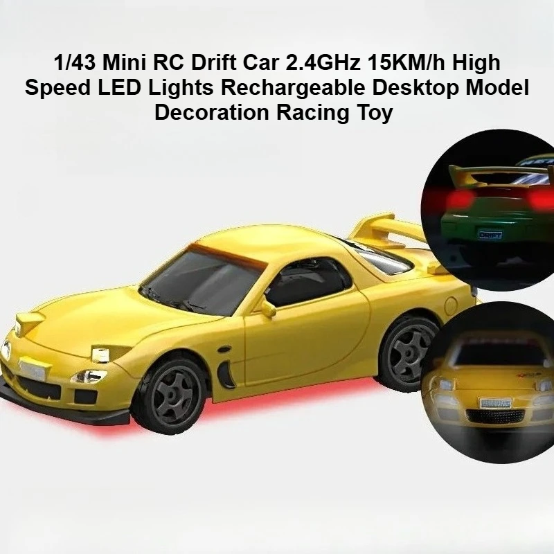 

Радиоуправляемая дрифт-машинка 1/43, 2,4 ГГц, 15 км/ч, со светодиодной подсветкой, перезаряжаемая, модель для декора рабочего стола, игрушечный автомобиль, подарок для детей и взрослых