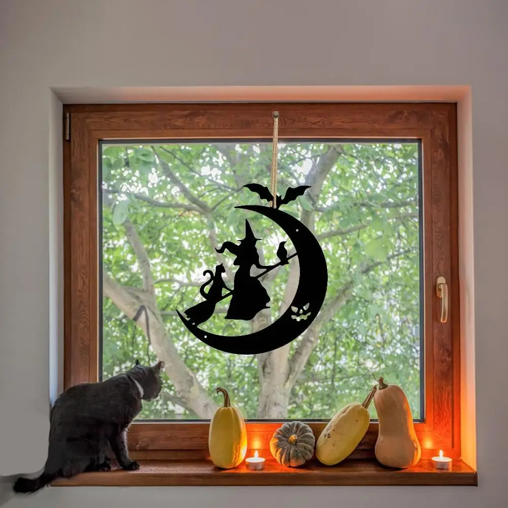 Halloween Witch Silhouette Halloween Witch Broom Moon Ornament Pendant Metal Door Window Hanger For Indoor Outdoor Front Door