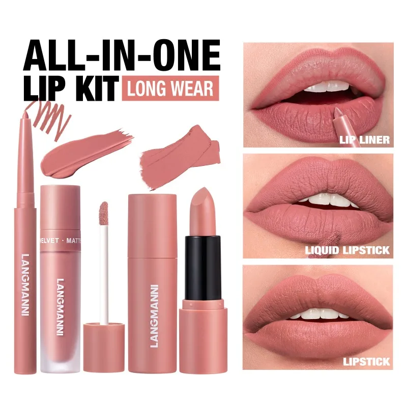 3pcs Lip Liner Lipstick Set Waterproof Long-Lasting Lip Gloss Matte Velvet Nude Brown Lips Plumper Contour Pen Makeup For Woman