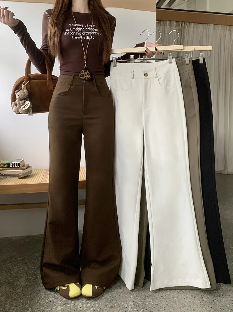

Kumikumi Retro Pure Color Fleece Lined Micro Flared Casual Pants Women's Elegant Versatile Slimming Long Trousers
