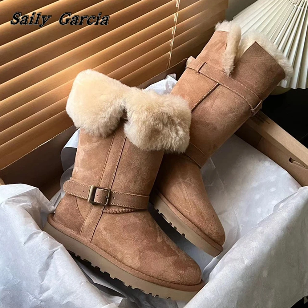 Solid Fur Wool Belt Buckle Strap Snow Boots Round Toe Waterproof Platform Short Boots Maillard Outfit Short Plush Slip On Boots