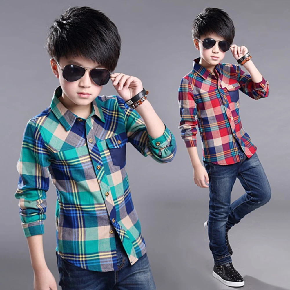 

2024 Fashion Teenager Boys Shirt Kids Cotton Boys Plaid Shirts Long Sleeve England School Trend Children Clothes 9 10 12 14 15Y
