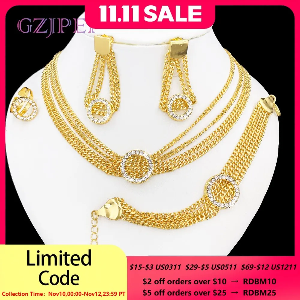 

GZJPEI Hip Hop Women Jewelry Set Miami Cuban Chain Necklace Multi Layer Bracelet Zircon Earring Round Ring 2025 Trendy New