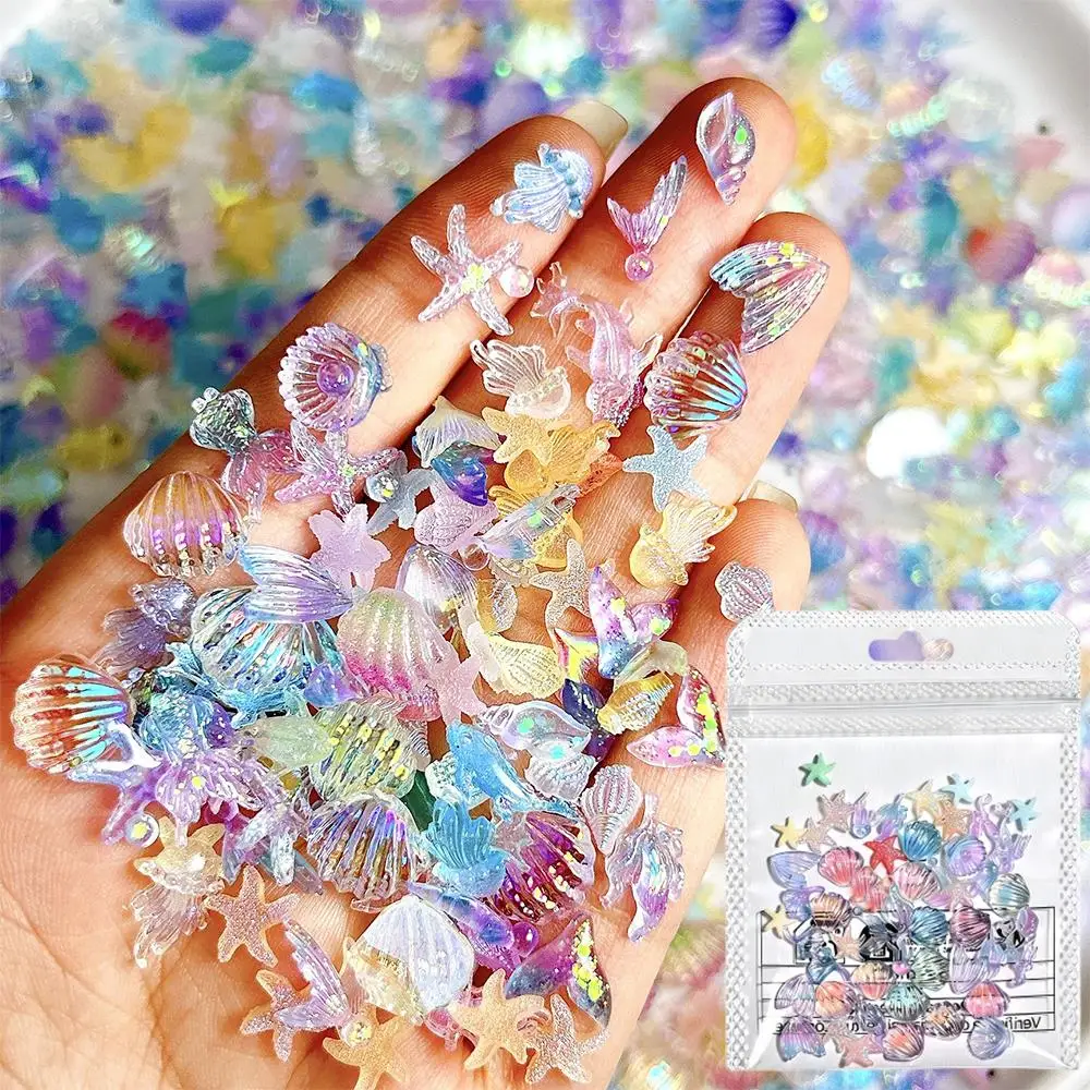 50Pcs 3D Mixed Conch Starfish Shell Nail Charms Aurora Jellyfish Ocean Series Nail Art Decorations Summer DIY Manicure Accessory