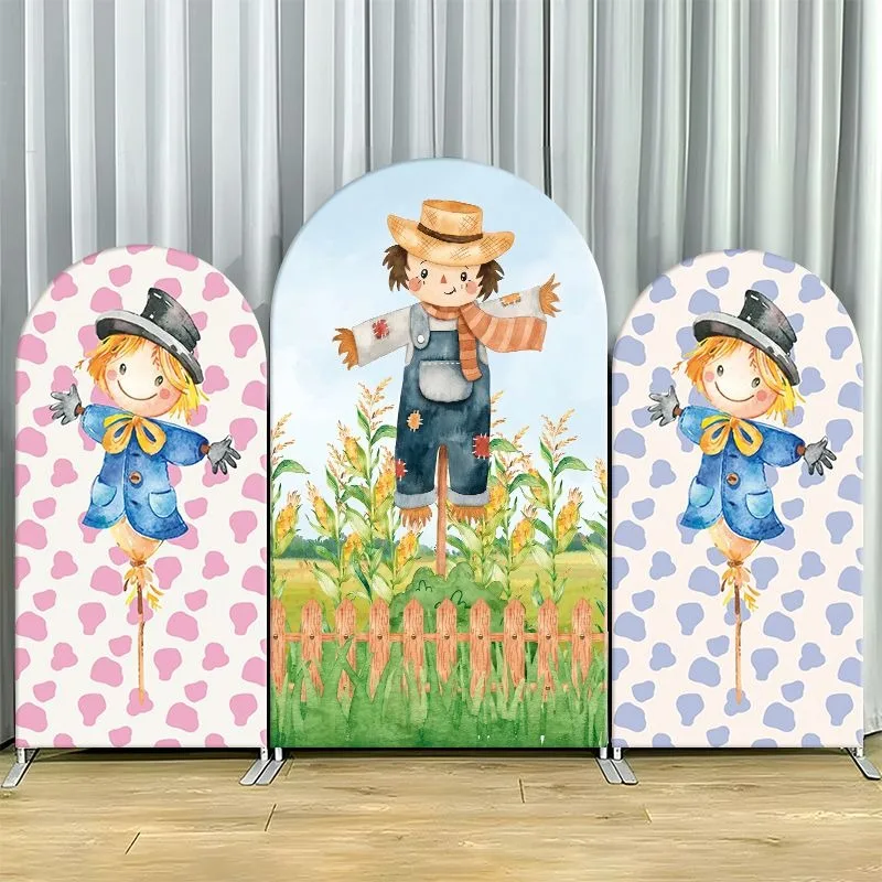 

Single Side Arch Backdrop Cover Scarecrow Theme Party Backdrop Set Featuring Arched Panels with Harvest Field Scene and Two