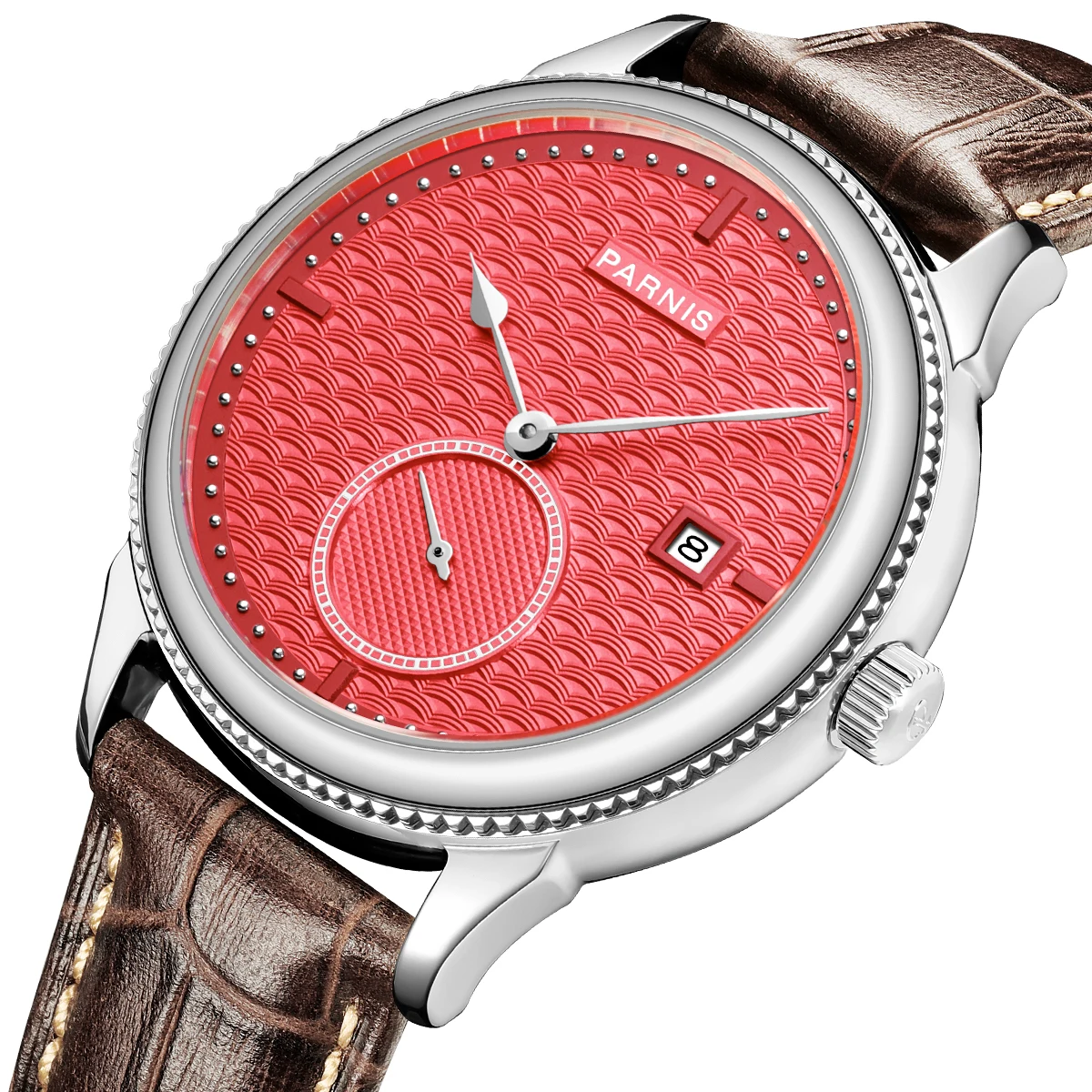 

Parnis 42mm Red Dial Calendar Stainless Steel Strap Automatic Men's Watch Mechanical Watches