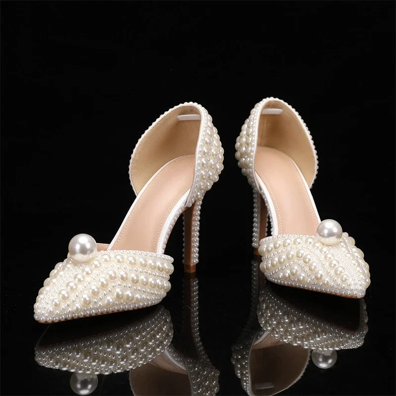 All Pearl Shallow Mouth Summer Sandals Pointed High Heeled Bride\'s Wedding Pearl Women Shoes Size 35-43 Bridesmaid White Sandals