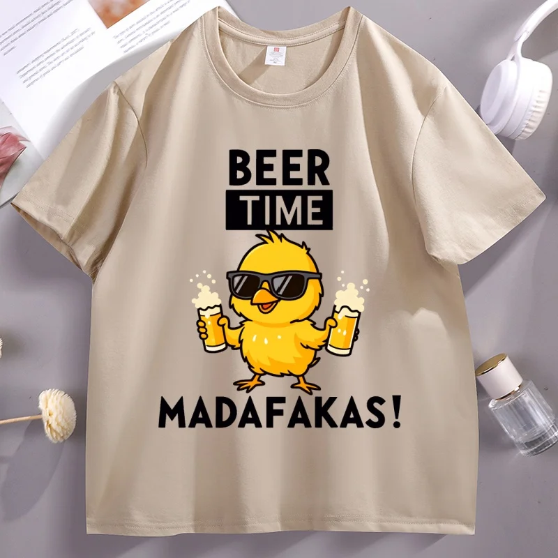 

Beer Time Madafakas T-shirts Fun Chick Mascot Holding Two Beers T-Shirts Party Decor Tshirt Men Women Summer Drink Tees Clothes