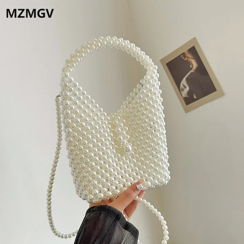 

Fashion Trend Pearl Bag Elegant Handmade Beaded Handbag Exquisite Square One Shoulder Crossbody Hollow Beach Bag Bolsa Feminina