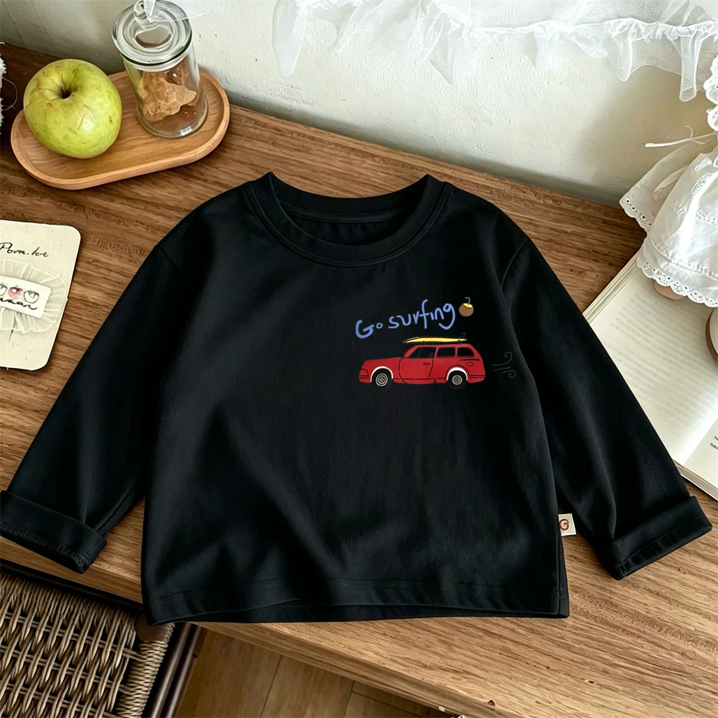 Round Neck Long Sleeve Toddler Fashion Casual T-shirt Boys Casual Sports Tops 1-7Years Old Kids Cotton Black Gray White Tees