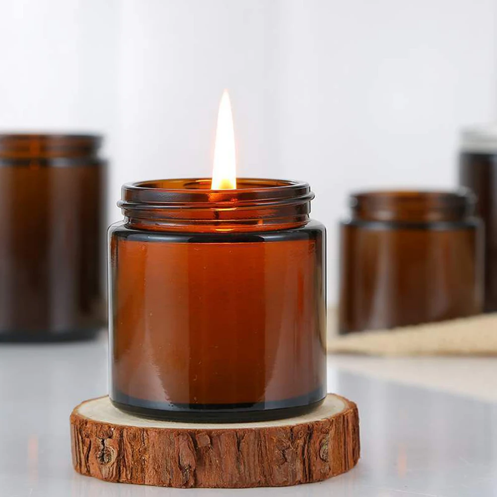 100ML Aromatherapy Candle Container Brown Cup With Aluminum Lid Plastic Lid Refillable Bottle Glass Circular Jar