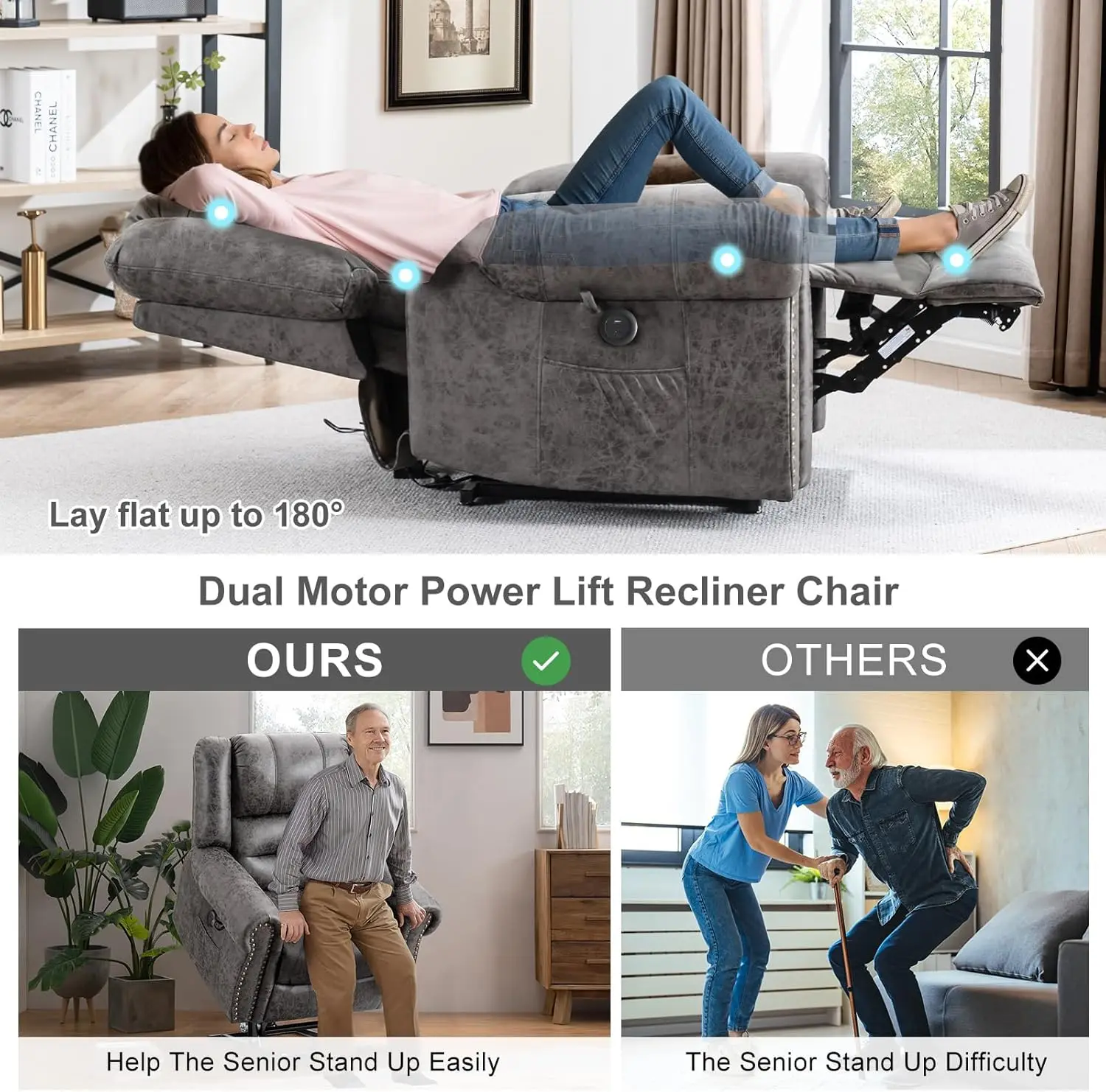 Platte liftstoelen met dubbele motor, fauteuils voor ouderen met massage en warmte, ademend leer, oneindige positie, groot slapen