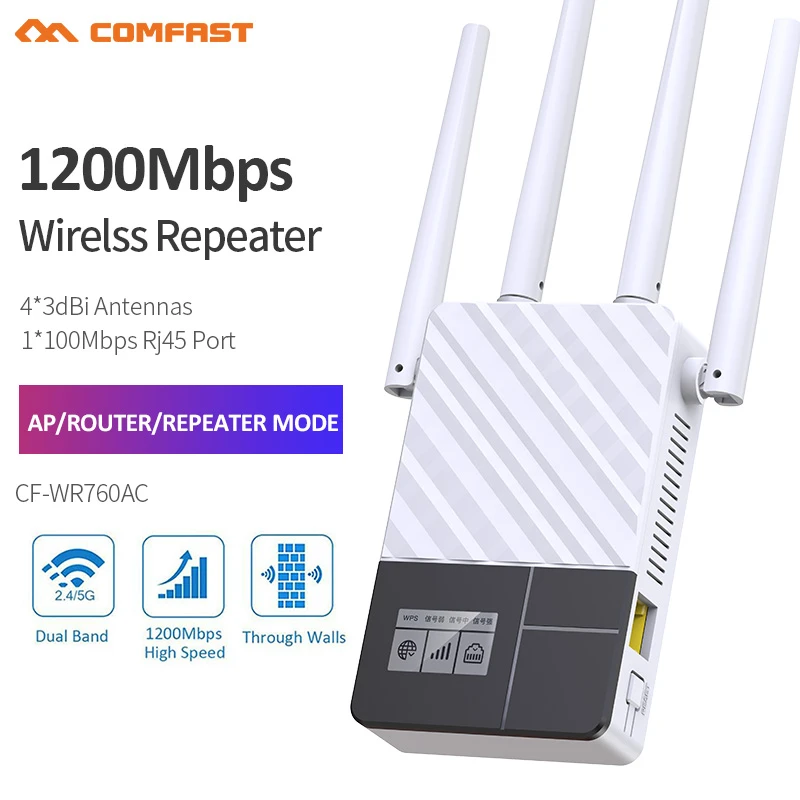 COMFAST 1200Mbps Smart OLED Display WiFi Repeater Dual Band 2.4G&5G Wireless Extender Signal Wi-Fi Range Amplifier