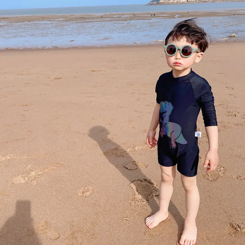 Bañador de una pieza para niños, traje de baño de manga larga de secado rápido, Bonito traje de surf de dinosaurio de dibujos animados, Verano