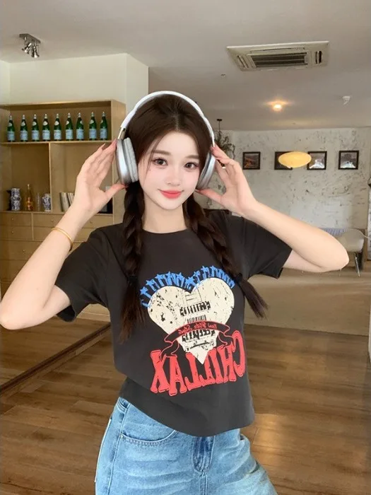

plus Size Women's T-Shirt round Neck Short Sleeve Heart Letter Print Summer Slimming Short Style Korean Version Commute Style