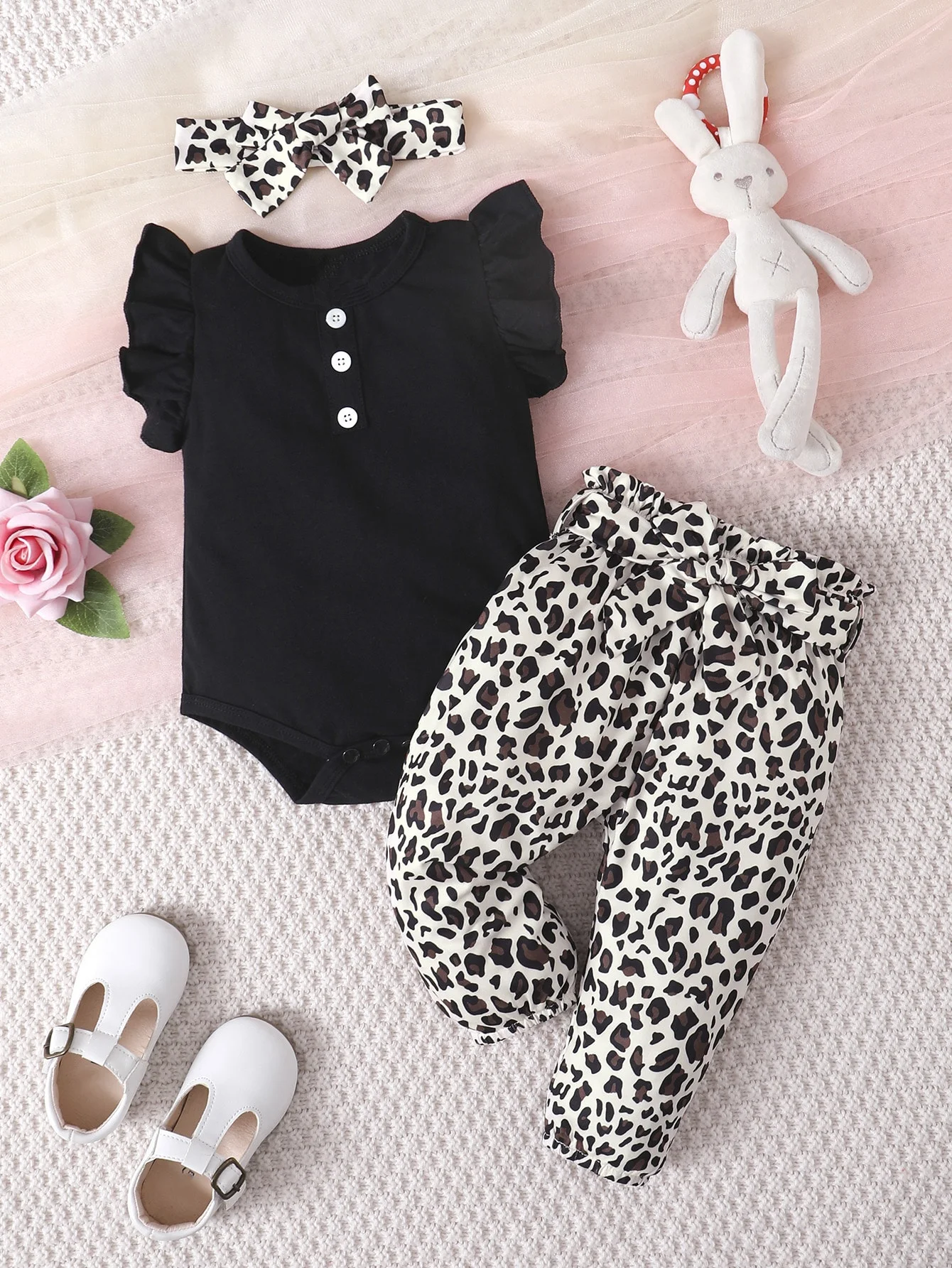 0-2 Year Old Baby Girl Summer Black Sleeveless Jumpsuit And Leopard Print Pants Set