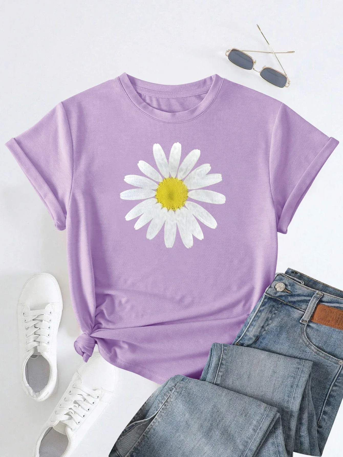 Lilac Daisy Bloom Print T-shirt Short Sleeve Crew Neck Casual Top For Summer & Spring Women\'s Clothing