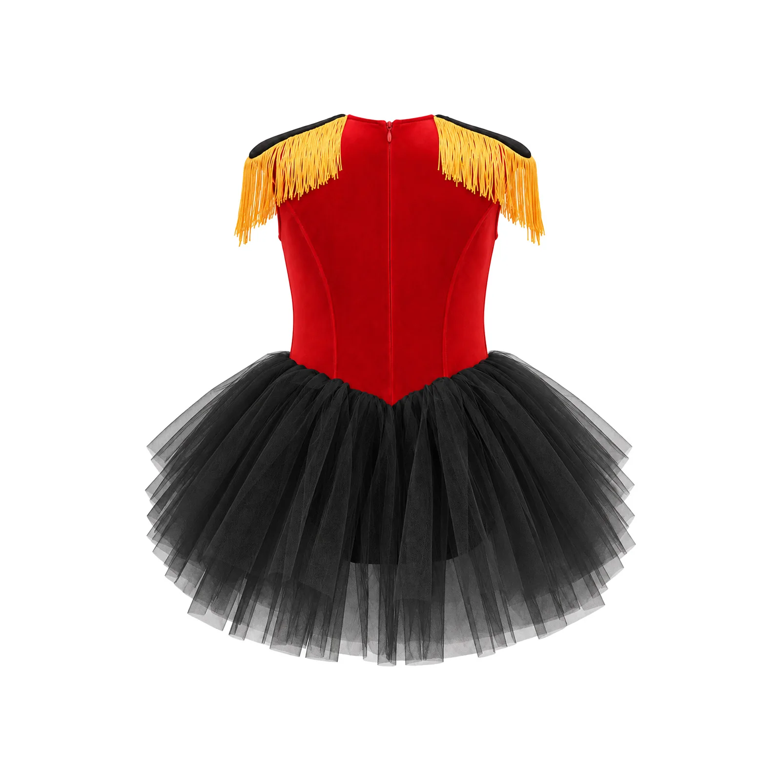 Kids Girls Circus Ringmaster Role Playing Costume Tassel Epaulette Back Zipper Bow Gold Trim Velvet Tulle Dress with Briefs