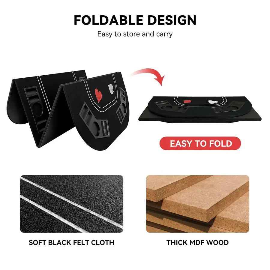 Piano da tavolo da poker 3 in 1, layout da tavolo per carte da poker Texas Holdem con feltro nero reversibile, tappetino pieghevole per tavolo da poker con
