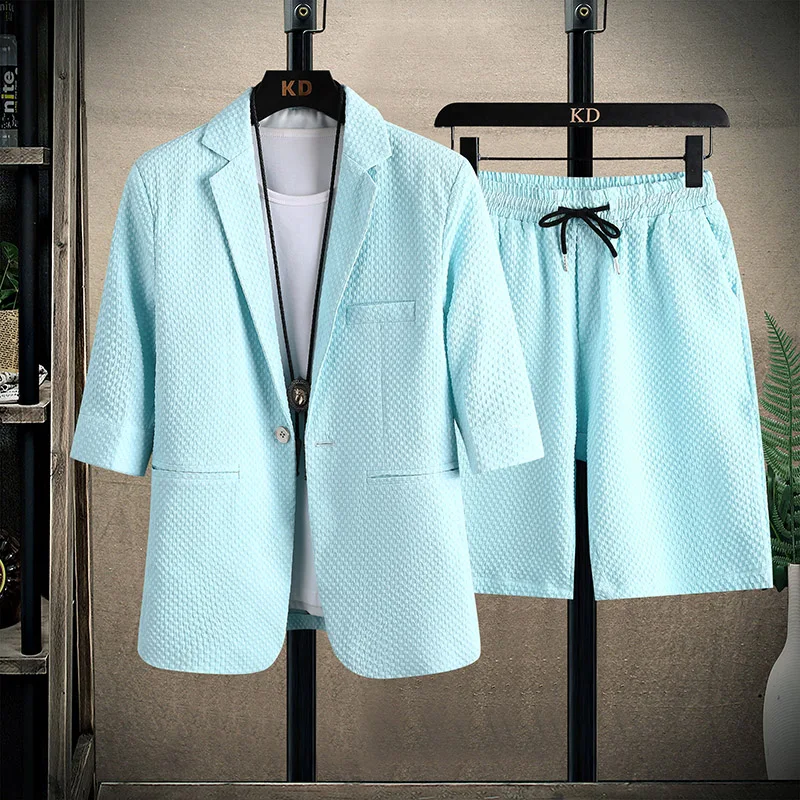 

Men Blazers Two piece Sets Spring Summer Pleated Solid Shorts Sleeve Shirts Drawstring Shorts Suits Thin Casual Outfits