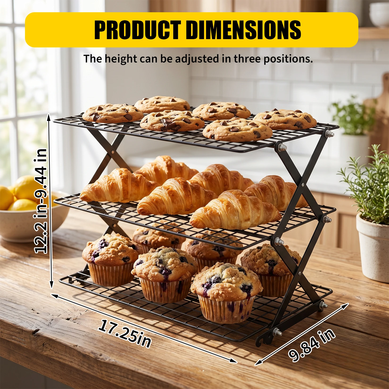 3-Tier Foldable Cooling Rack, Adjustable Height Carbon Steel Wire Rack for Baking Cookies Cake Bread Jerky Seasoning