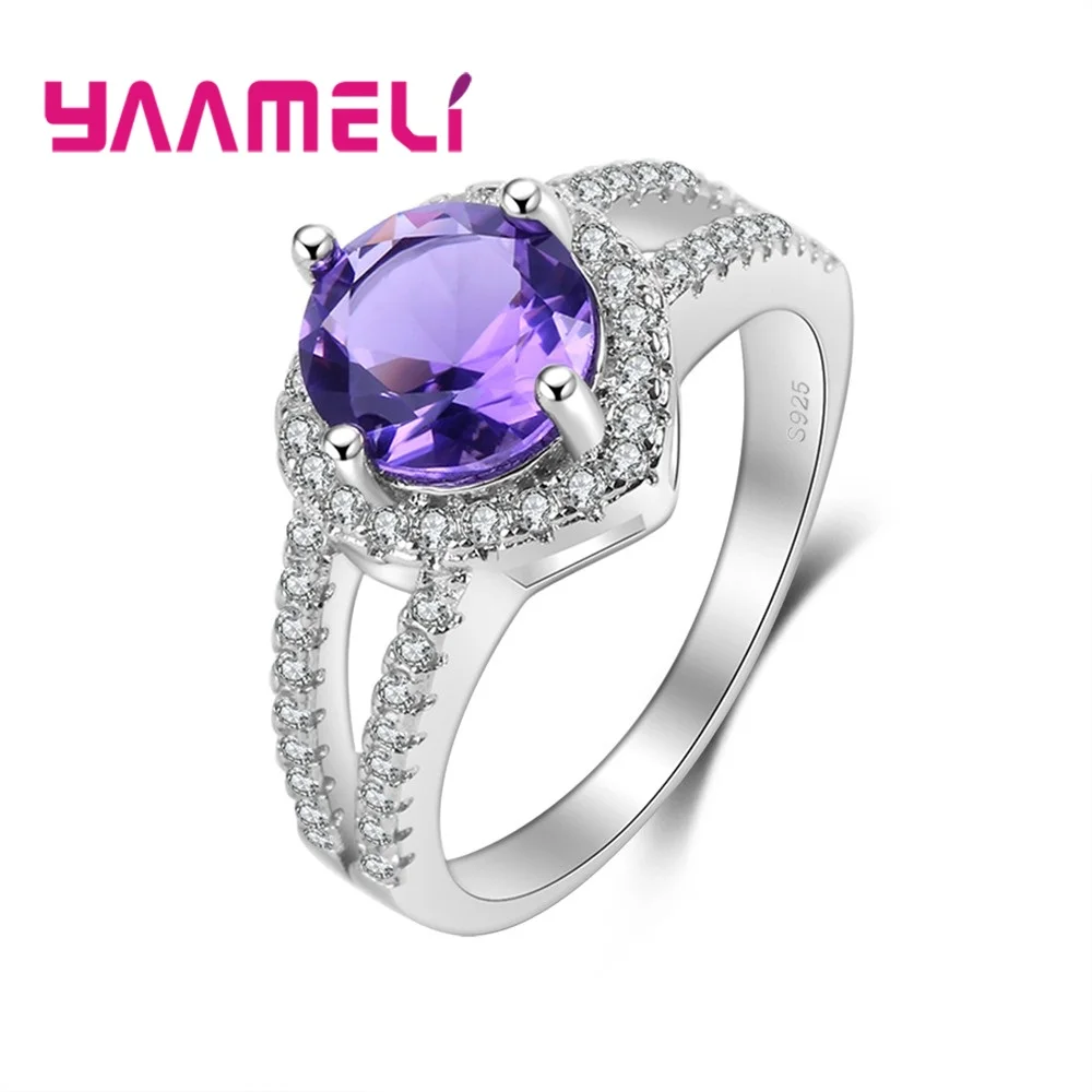 Full White Zircons Paved With Round Purple/Yellow Shiny AAA Zircons Female Wedding Rings Bague 925 Sterling Silver Color Anel