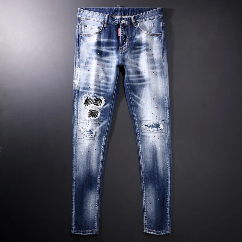 Street Style Fashion Men Jeans Retro Blue Slim Fit Destroyed Ripped Jeans Men Patch Designer Hip Hop Splashed Denim Punk Pants