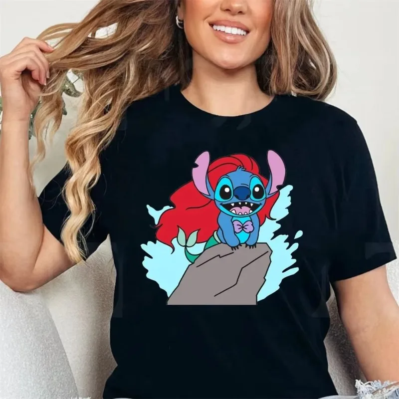 

Disney Funny Stitch and Ariel Shirt Princess T-Shirt Stitch The Little Mermaid Cotton Short Sleeve Girls and Women Birthday Gift