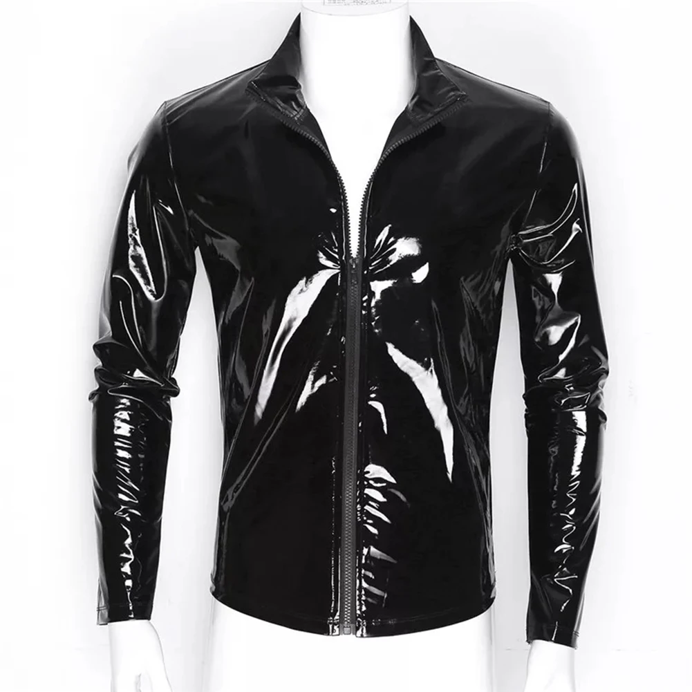Mens Jacket Lingerie Wetlook Shiny Leather Bodysuit Jumpsuit Tops Underwear Nightclub Zip Up Stage Clothing