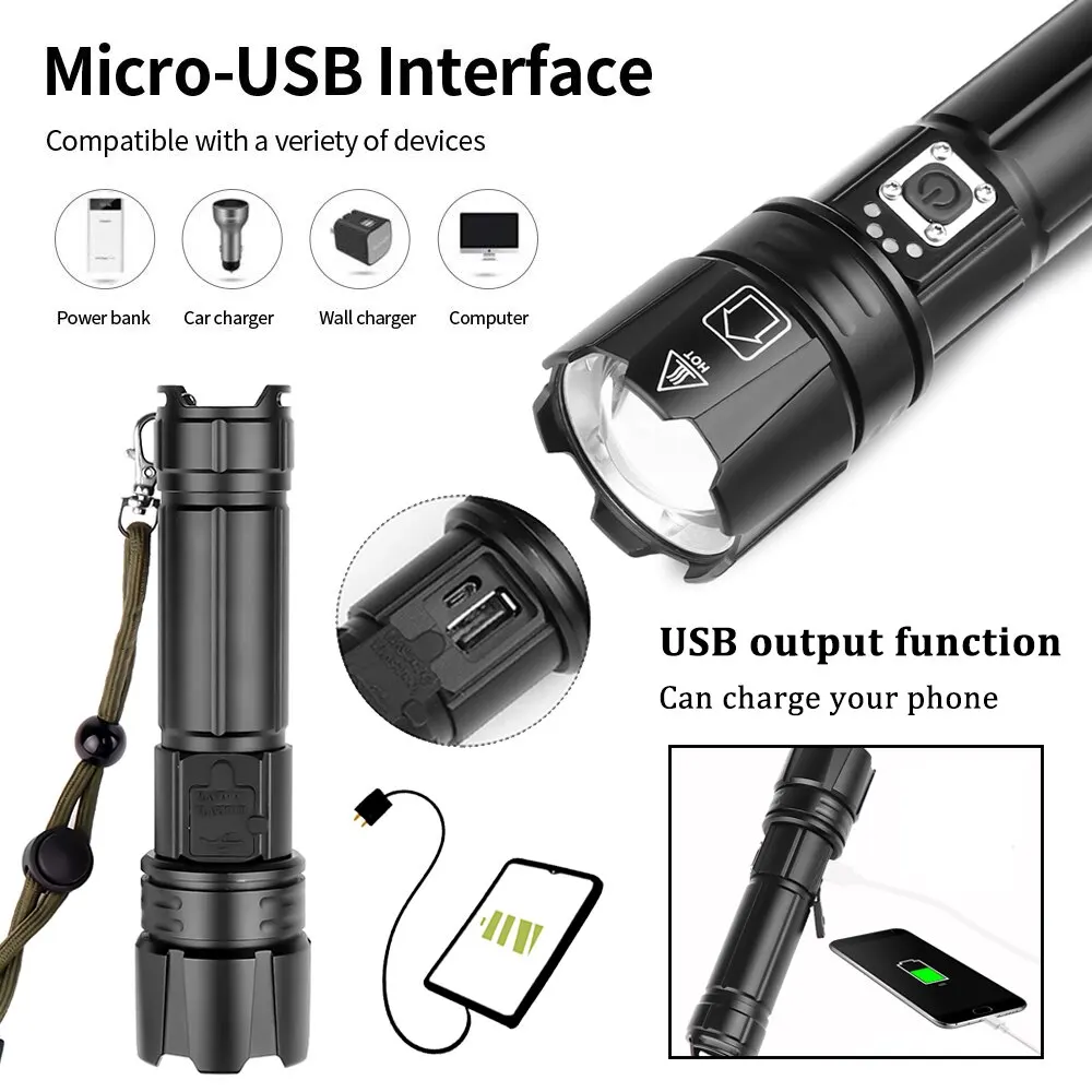 Super Bright LED Flashlight USB Rechargeable Torch Light With 30W LED Can Illuminate 1500 Meters Tactical Lantern