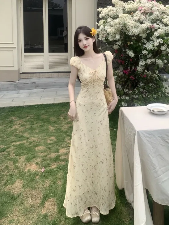 

plus Size Women's Yellow Floral Print V-Ne Puffy Sve Dr Summer New Sle Waist-Cinching Long Sve A-Line Dr