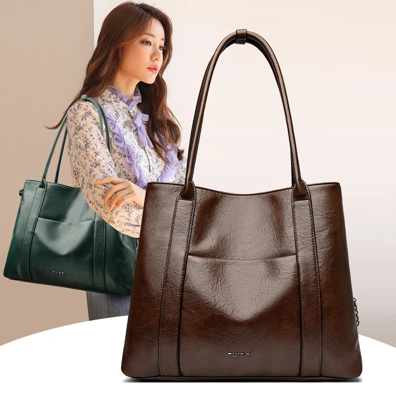 

Large-capacity ladies' genuine leather textured tote bag, simple commuting single-shoulder bag, retro women's bag