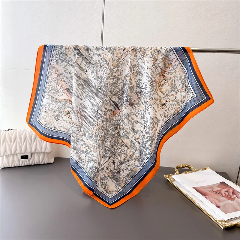 Bufanda cuadrada pequeña de lino y algodón con temperamento de tinta y agua de estilo chino, bufanda de seda, bufanda de terciopelo de imitación, chal, protección solar