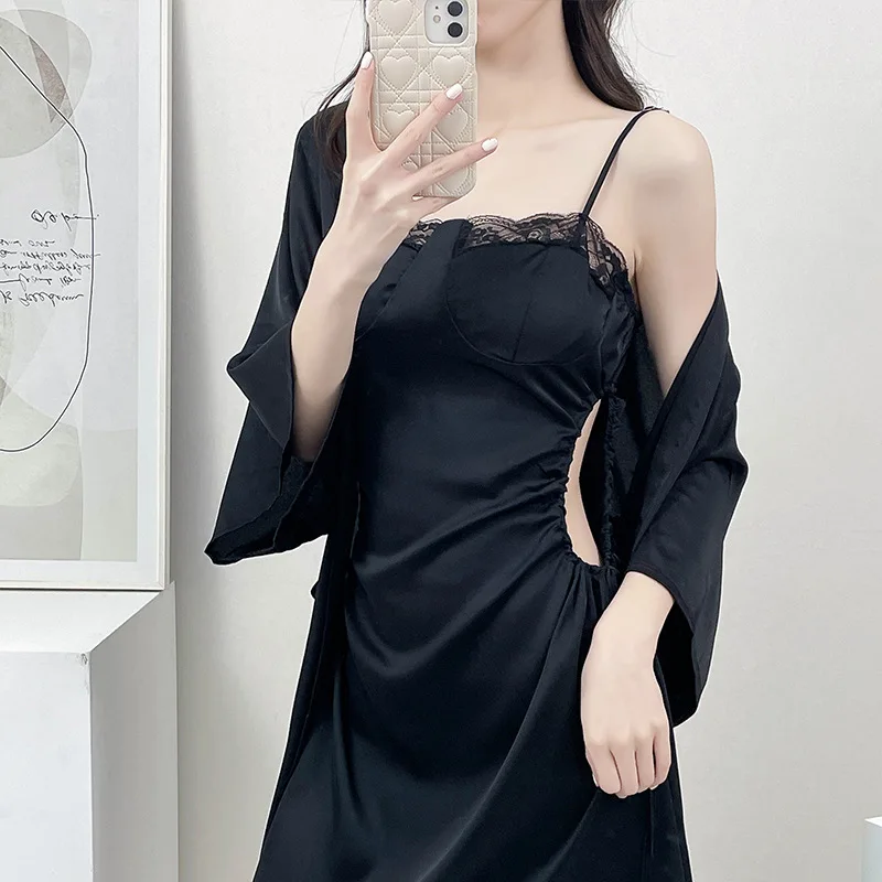 

New Spring Summer Female Nighty&Robe Set Sexy Lace Hollow Suspender Nightgown Sleepwear Casual Silk Satin Bathrobe Home Dress