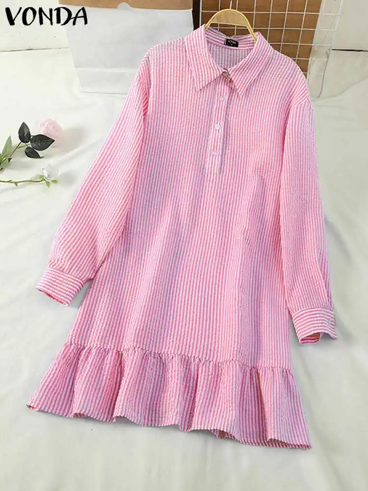 

VONDA Chic Ruffle Dress 2024 Women Summer Lantern Sleeve Striped Shirt Dress Casual Loose Fashion Office Knee-length Sundress