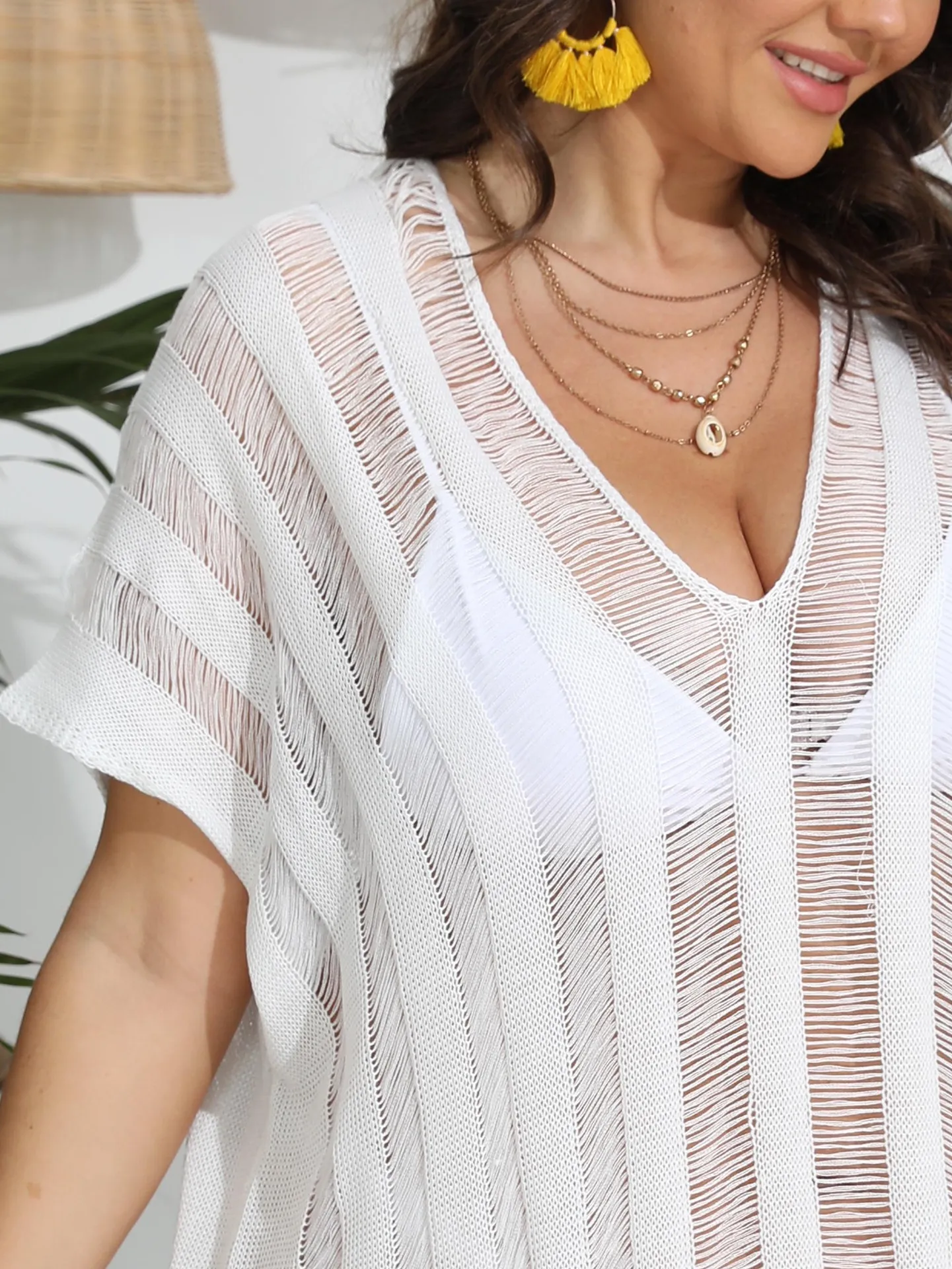 Vestido de playa de talla grande con rayas tejidas para mujer, traje de baño de talla grande con huecos, Túnica Sexy con escote en V profundo, Vestido de playa dividido en 3 colores