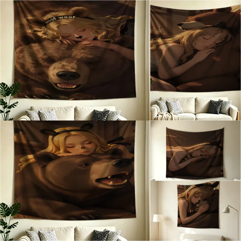 Tapisserie imprimée Girl & Bear Hug, style Euphoria saison 3, drapage fluide, idéale pour la décoration murale de chambre d'adolescent et comme toile de fond pour les séances photo