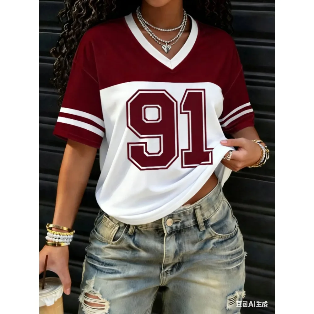 American Style Women Print Fashion Comfortable Lightweight Breathable V-Neck Short Sleeved Baseball T-Shirt Tops Tee Casual Top