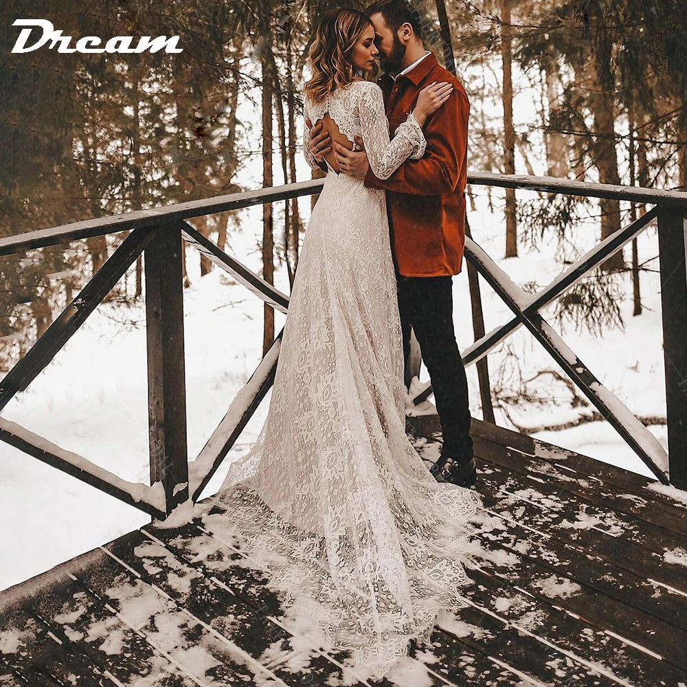 Abito da sposa Boho con scollo a V in pizzo floreale a maniche lunghe da sogno abito da sposa civile rustico modesto con scollo a V profondo aperto sul retro