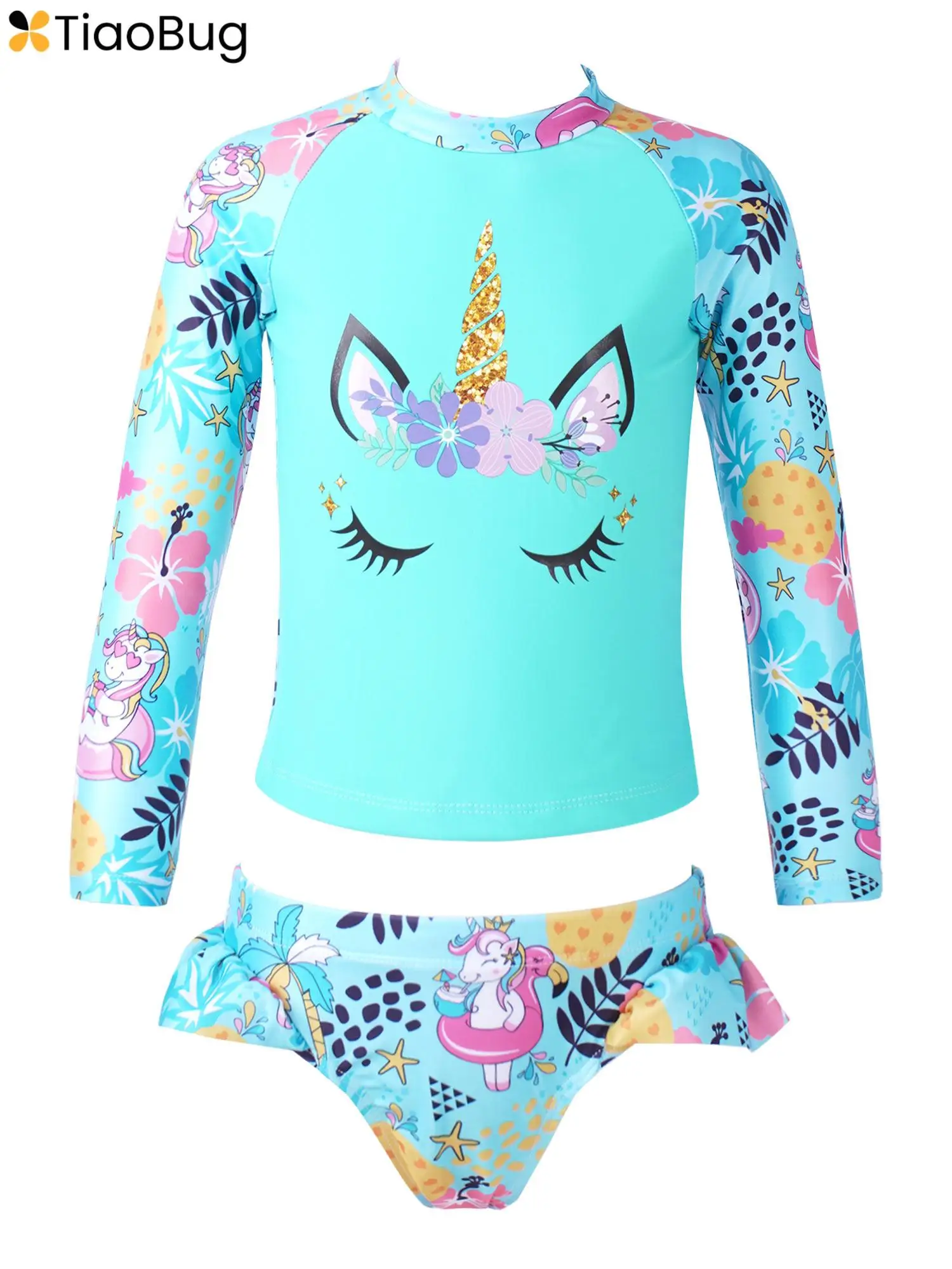 Kids Girls Two Pieces Rash Guard Swimsuits Mermaid Tankini Sets Bikini Long Sleeves Top with Shorts Surfing Costume Swimwear