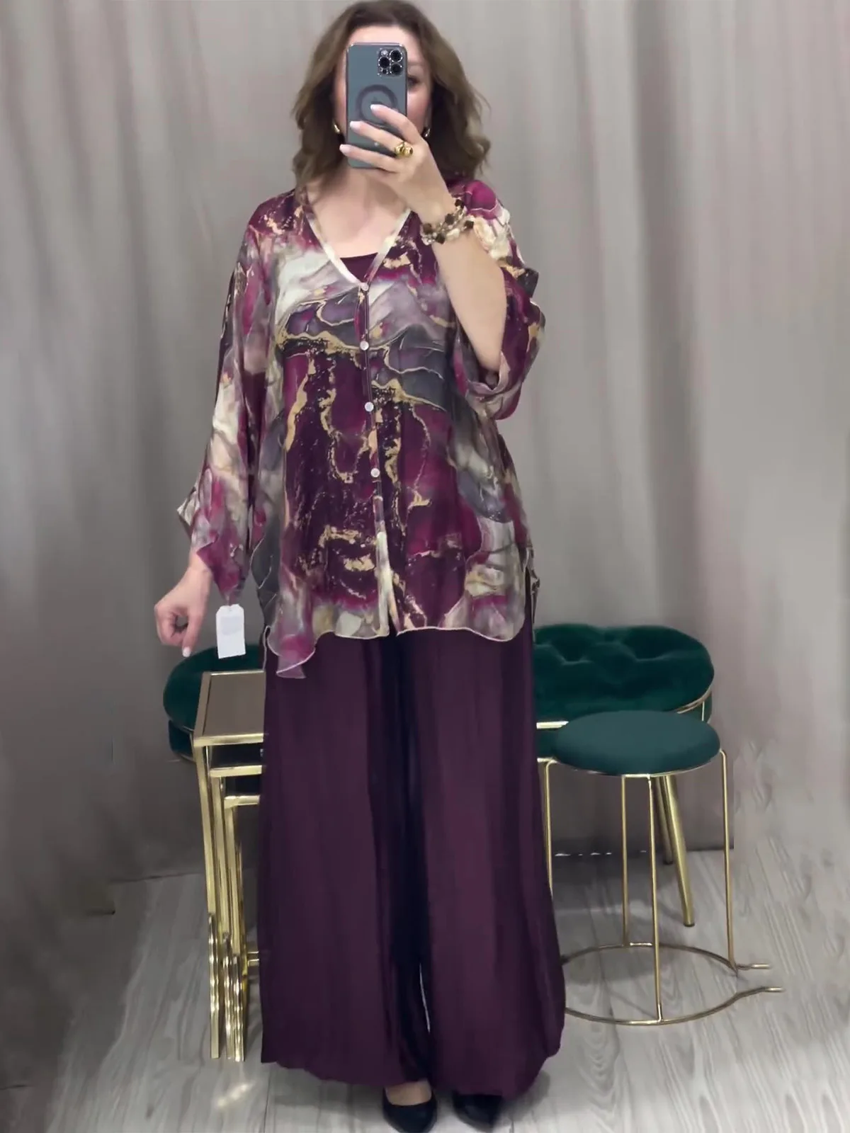 Ramadan Eid Muslim Two Piece Sets Print Shirt Wide Leg Pants Women Muslim Suits Arab Musulman Ensembles Moroccan Kaftan Islamic