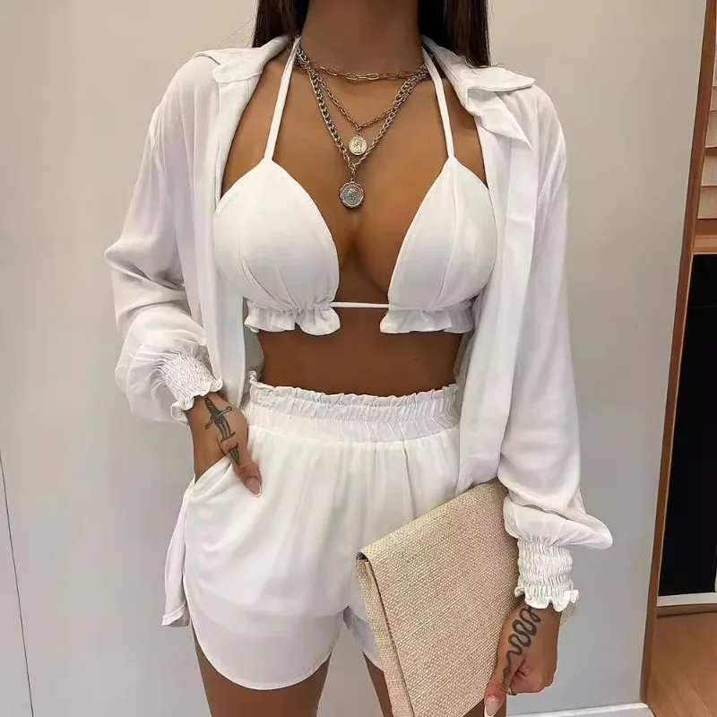 2024 Spring Summer New Women's Clothing Solid Color Sexy Shirt Shorts Two-Piece Set-Need Suspenders