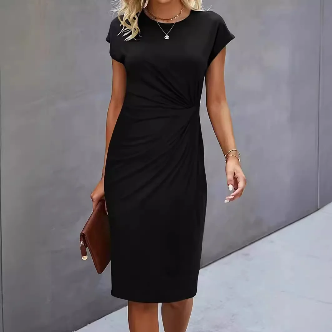 2026 New Women's Round Neck Short Sleeve Solid Color Ruched Bodycon Midi Dress Elegant Slimming Comfort All-match Commute Dress
