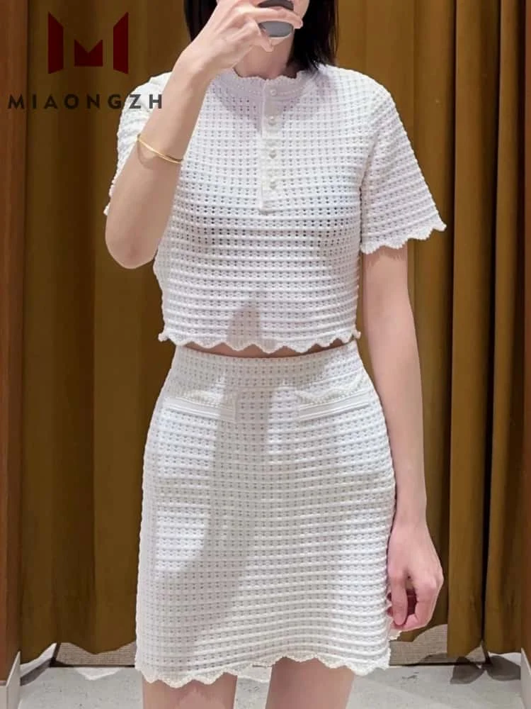 

Fashion Loose Hollow Out 2 Pieces Set For Women Turn Down Collar Short Sleeve Shirt Top Temperament Casual Skirt Ladies New Suit