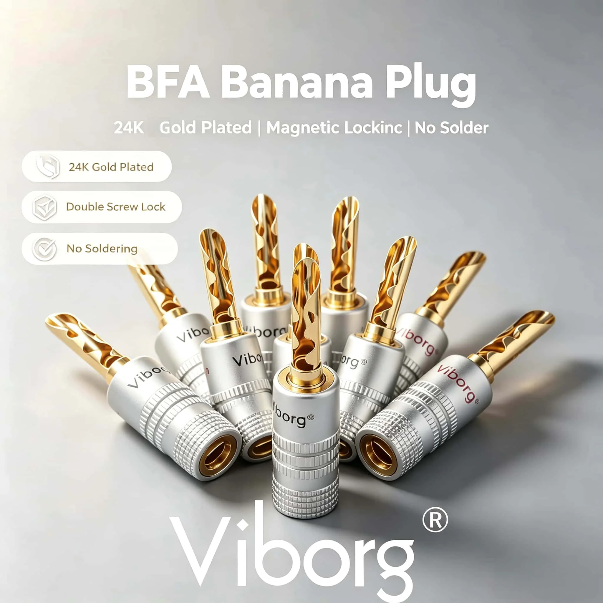 Viborg 24K Gold Plated BFA Banana Plug 4mm Magnetic No Solder Double Lock Speaker Cable Connector for HIFI Amplifier DIY 8PCS
