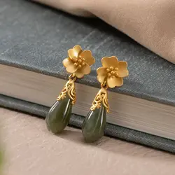 Original new ancient gold craftsmanship inlaid orchid natural Hetian jade earrings Chinese style elegant ladies silver jewelry