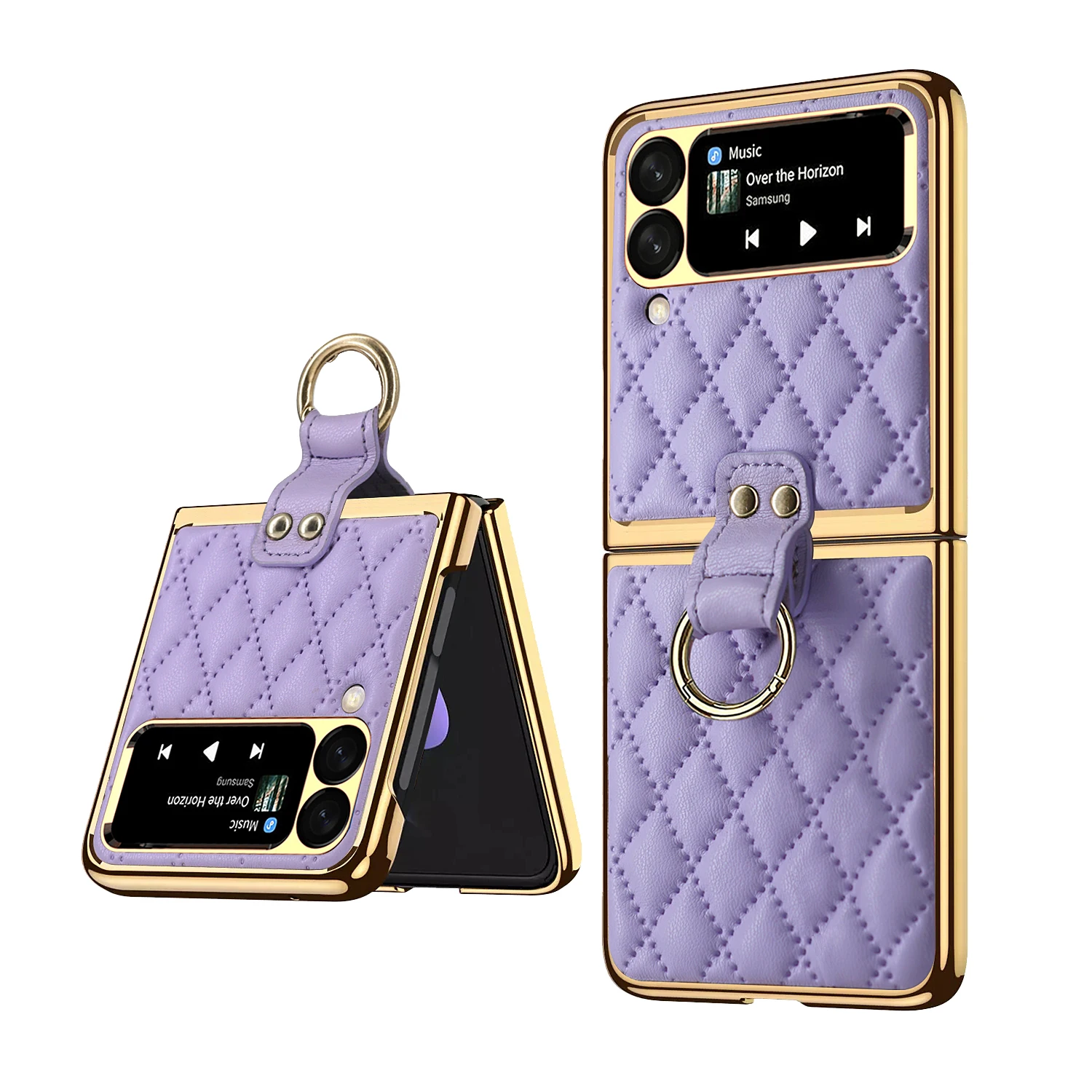 

Leather Case for Samsung Galaxy Z Flip5 4 3 5G Ring Holder Shockproof Protective Cover with Camera Lens Protection Plating Frame