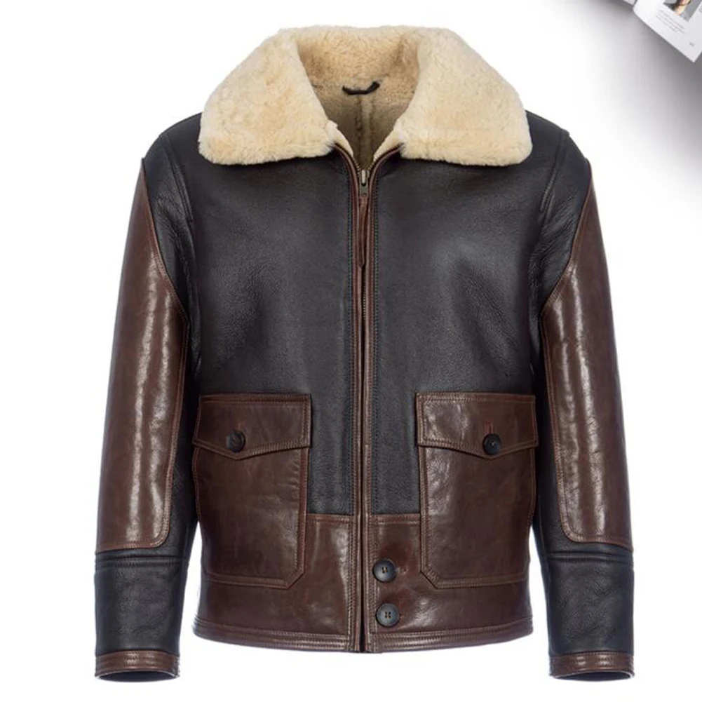 

Denny&Dora Men's Shearling Jacket Flight Jacket Brown Sheepskin Coat Leather Jacket With Fur Men